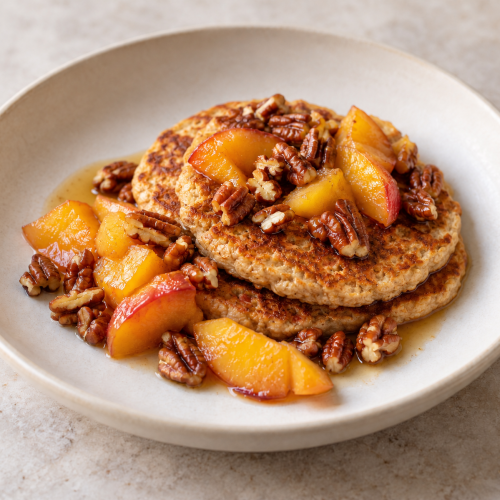Peach–Ginger Oat Pancakes, Warm Peach and Pecan - Fresh Start 30: A Journey To Better Health Peach–Ginger Oat Pancakes, Warm Peach and Pecan